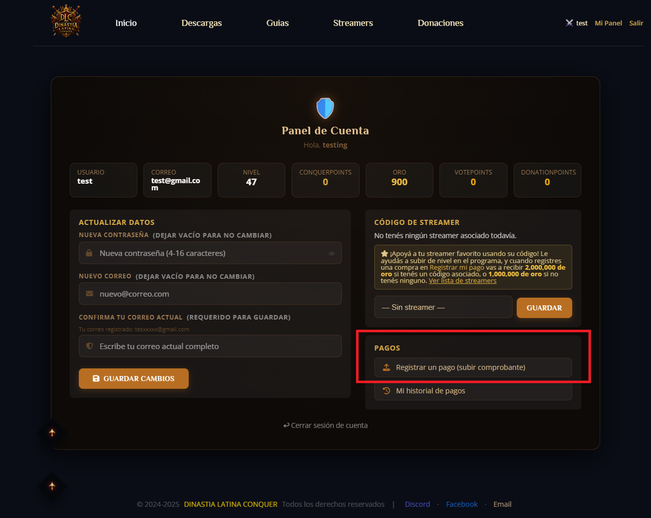 Panel de cuenta — botón Registrar un pago